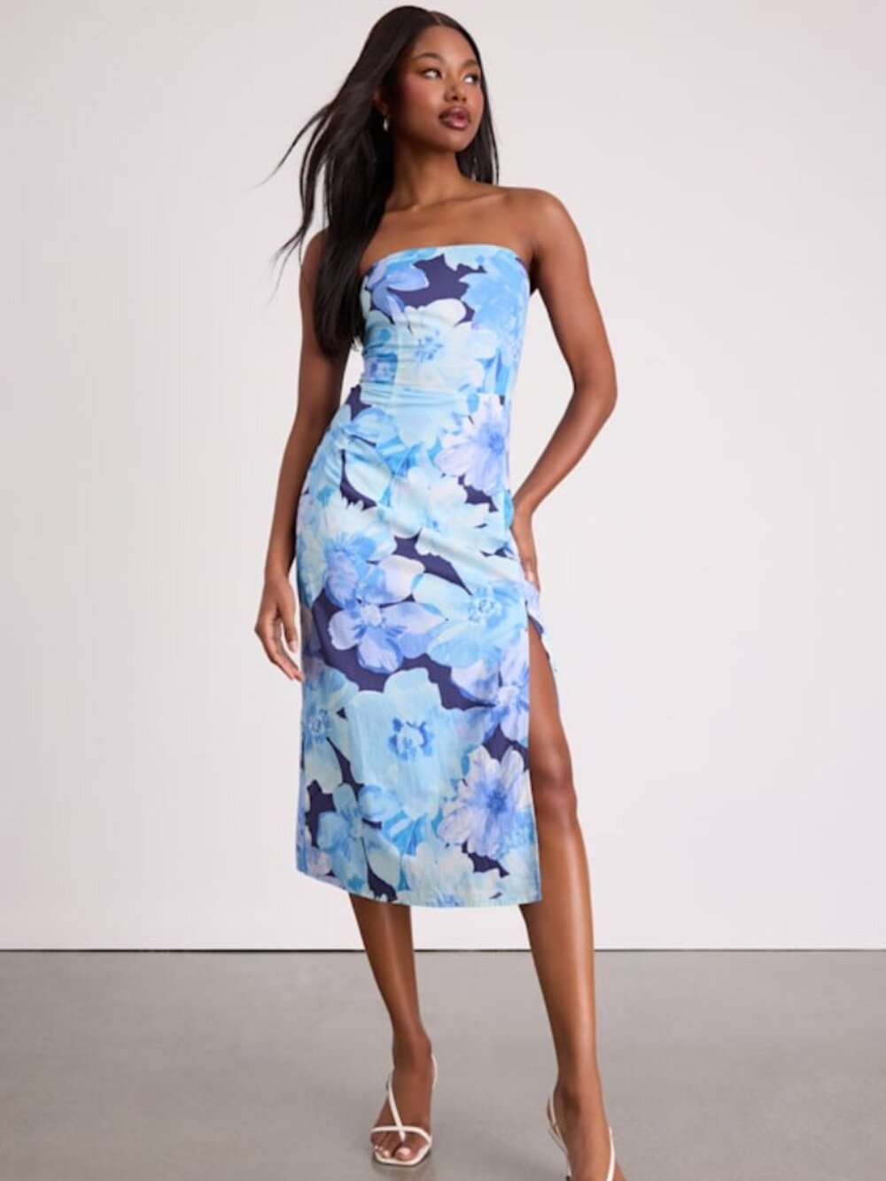 Lulus Bold Tendencies Blue Floral Strapless Cutout Midi Dress - Size XS